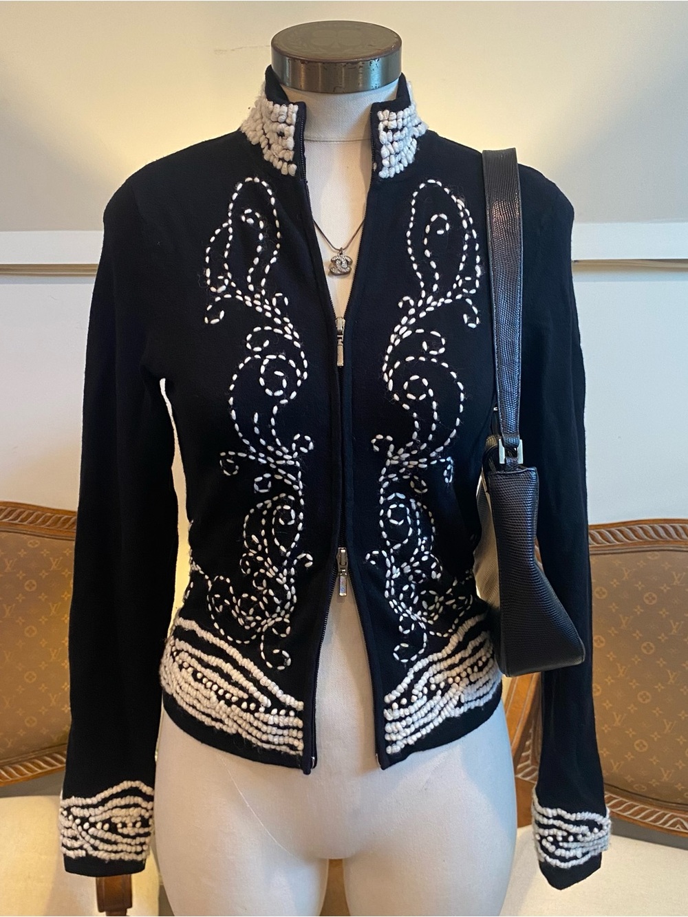 Vintage WHBM Y2K Black Double Zip Knit Cardigan Jacket Ivory Embroidery S Rayon